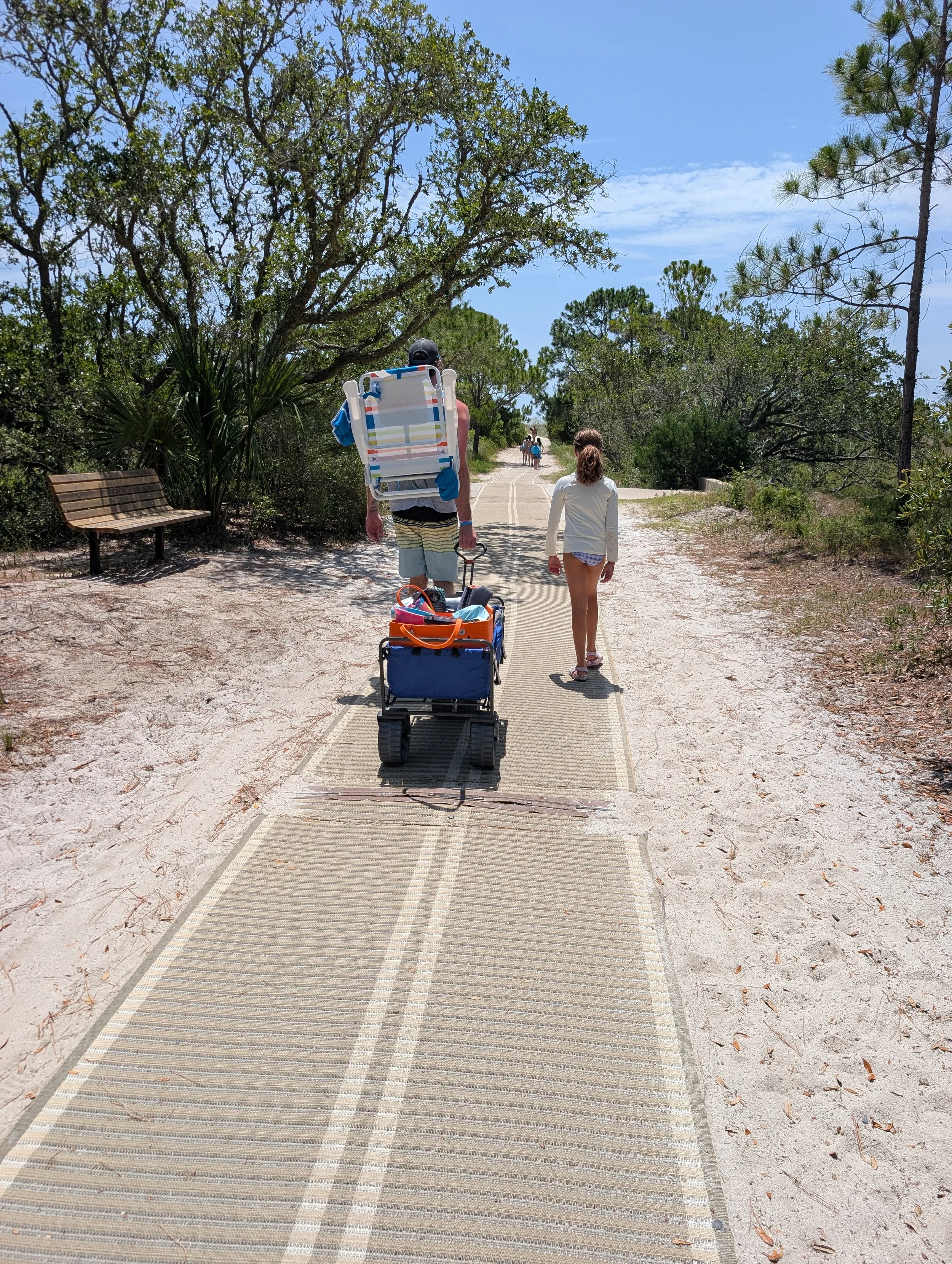 People walking along a sandy, tree-lined beach path with beach gear.