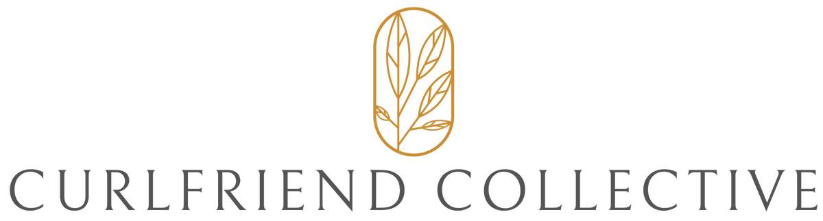 Curlfriend Collective logo in black text on a white background and an icon of a leaf inside an oval shape.