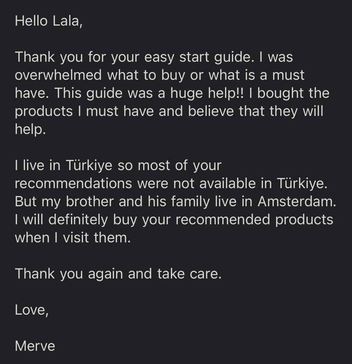 Screenshot of a positive customer review for a product guide, expressing gratitude and sharing details about living in Turkey and having family in Amsterdam.