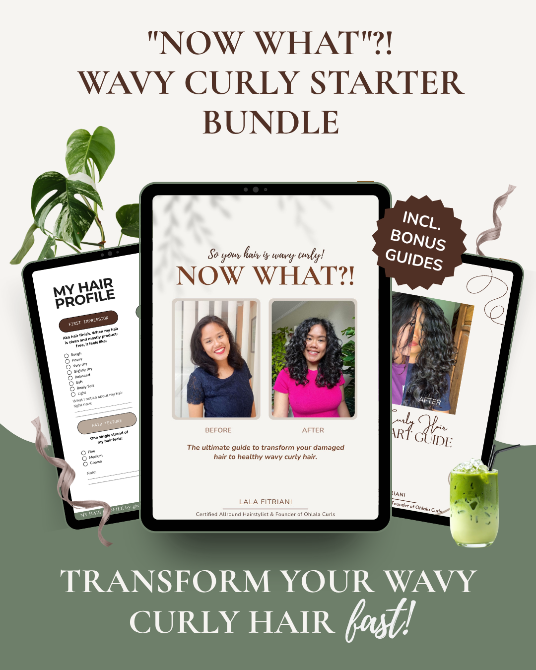 Advertisement for a hair styling guide bundle titled "Now What?! Wavy Curly Starter Bundle" featuring a before-and-after photo of a woman with wavy curly hair, a snippet of a hair profile questionnaire, a bonus guide, and a green drink with ice. The ad emphasizes transforming damaged hair into healthy wavy curly hair.