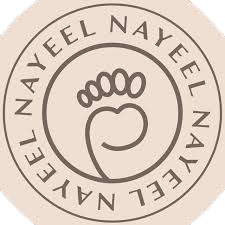 A circular logo with the name 'Nayeel Nayeel' repeated around the border and a baby foot in the center.