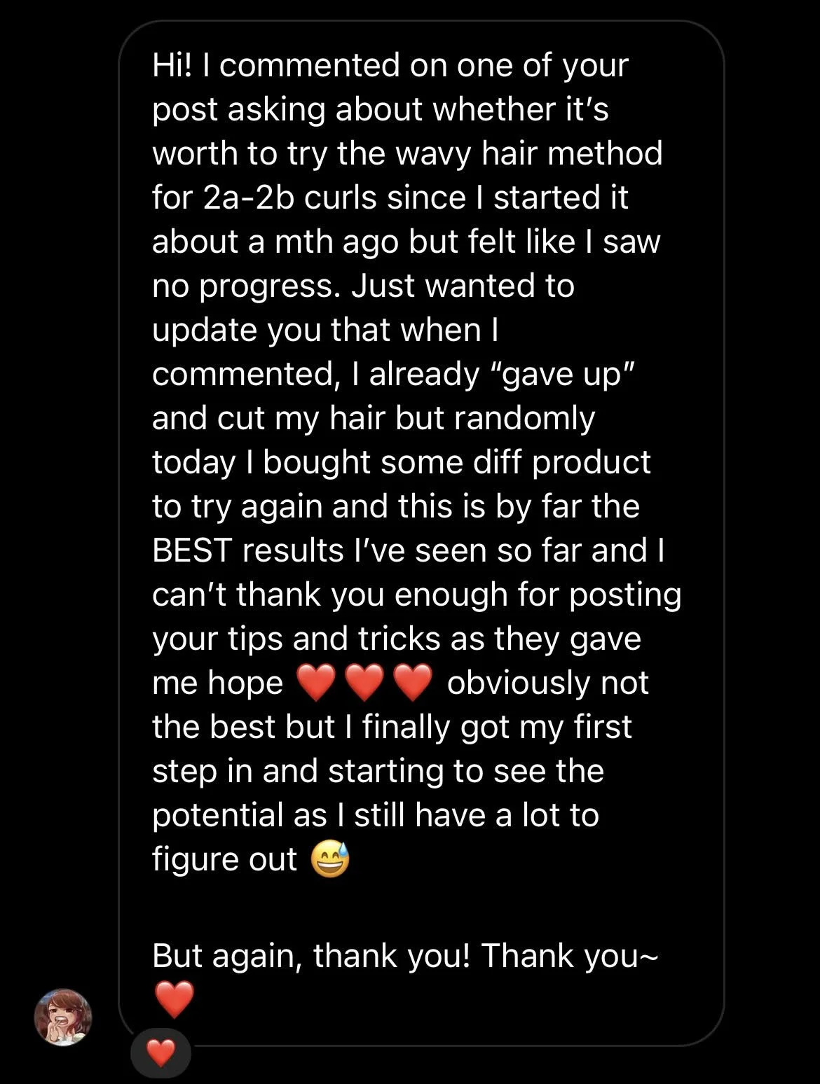 Screenshot of a text message exchange discussing hair styling tips, product results, and gratitude, with emojis of hearts, a smiley face, and a laughing face.