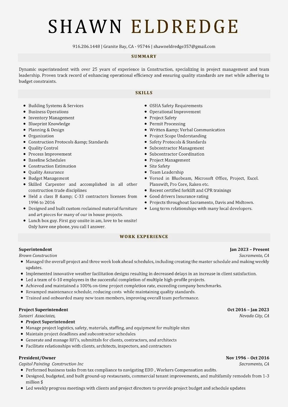 Sample professional resume of Shawn Eldredge, featuring contact information, summary, skills, and work experience in construction and project management.