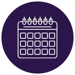 Icon of a calendar with a purple background and white outline.