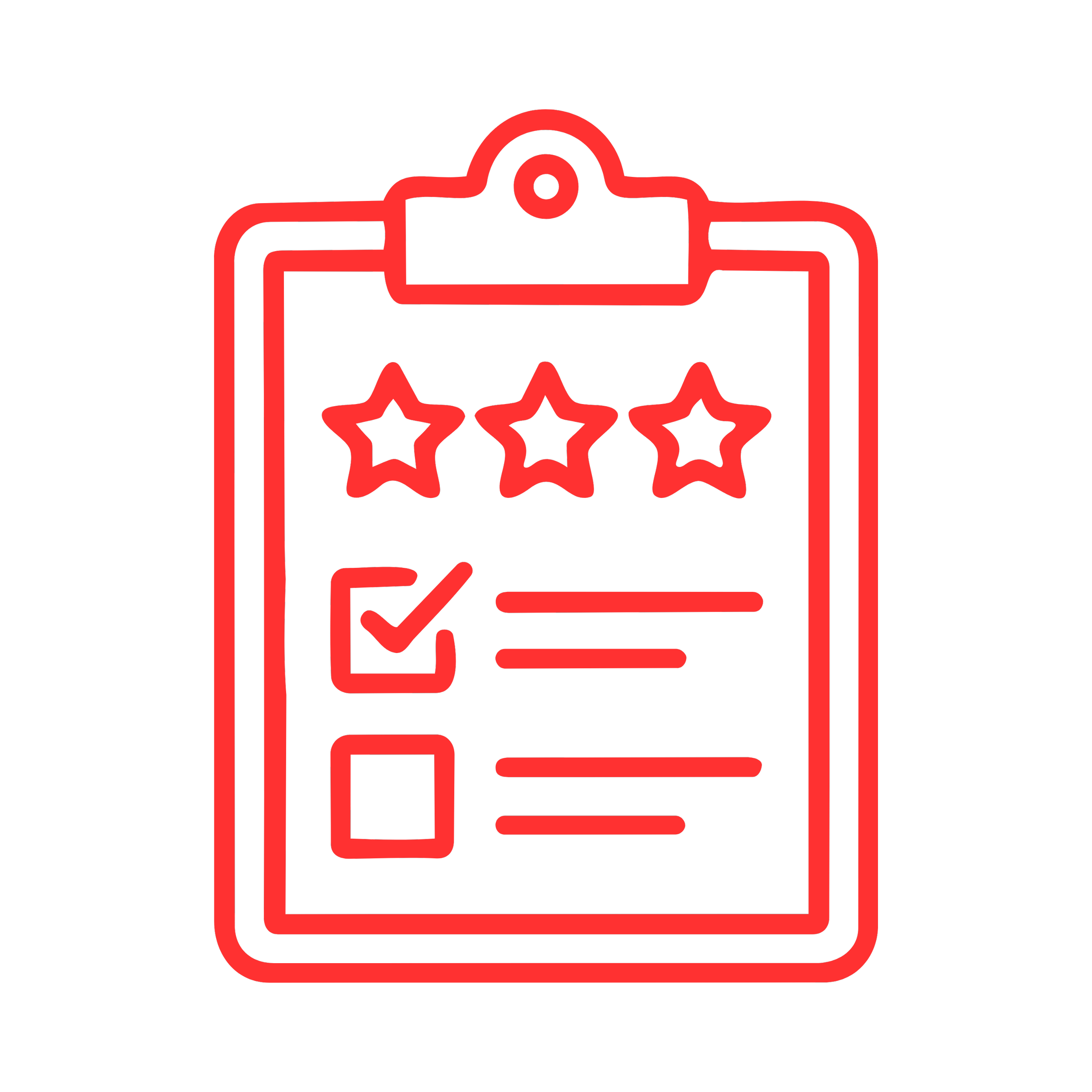Red clipboard with three stars and a checkmark