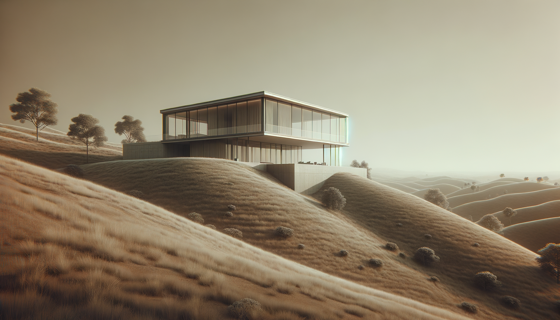 Modern house with glass walls on a hillside, surrounded by rolling grassy hills and sparse trees, under a hazy sky.