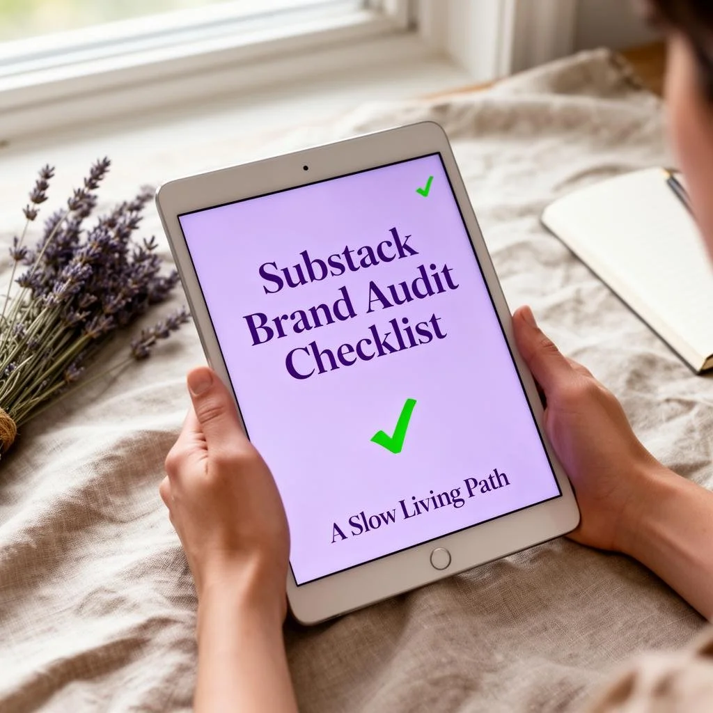 A person holding a tablet displaying a checklist for 'Substack Brand Audit Checklist' with two green check marks on the screen. There is a lavender-colored flower next to the tablet and an open notebook nearby.