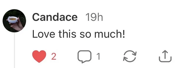A social media post from Candace showing a cup of coffee on a saucer, with a hand holding it. The post says, "Love this so much!" and has two likes and one comment.