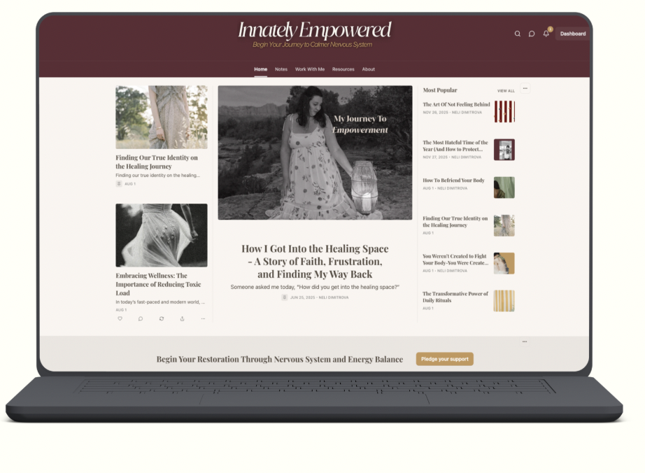 Innately Empowered Substack homepage in Neli's three brand colours after a done-for-you setup