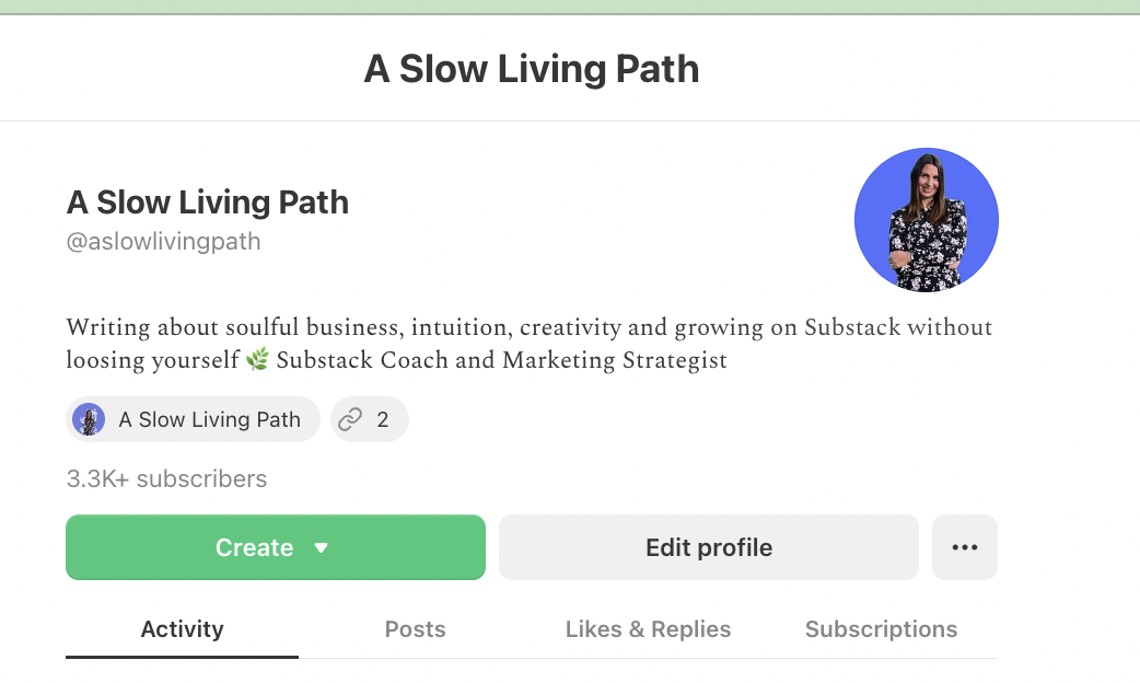 Substack profile page with coach and consultant bio, photo and links to services