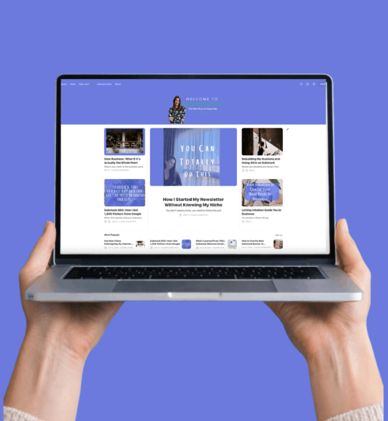 Woman holding laptop with Substack homepage for setup service