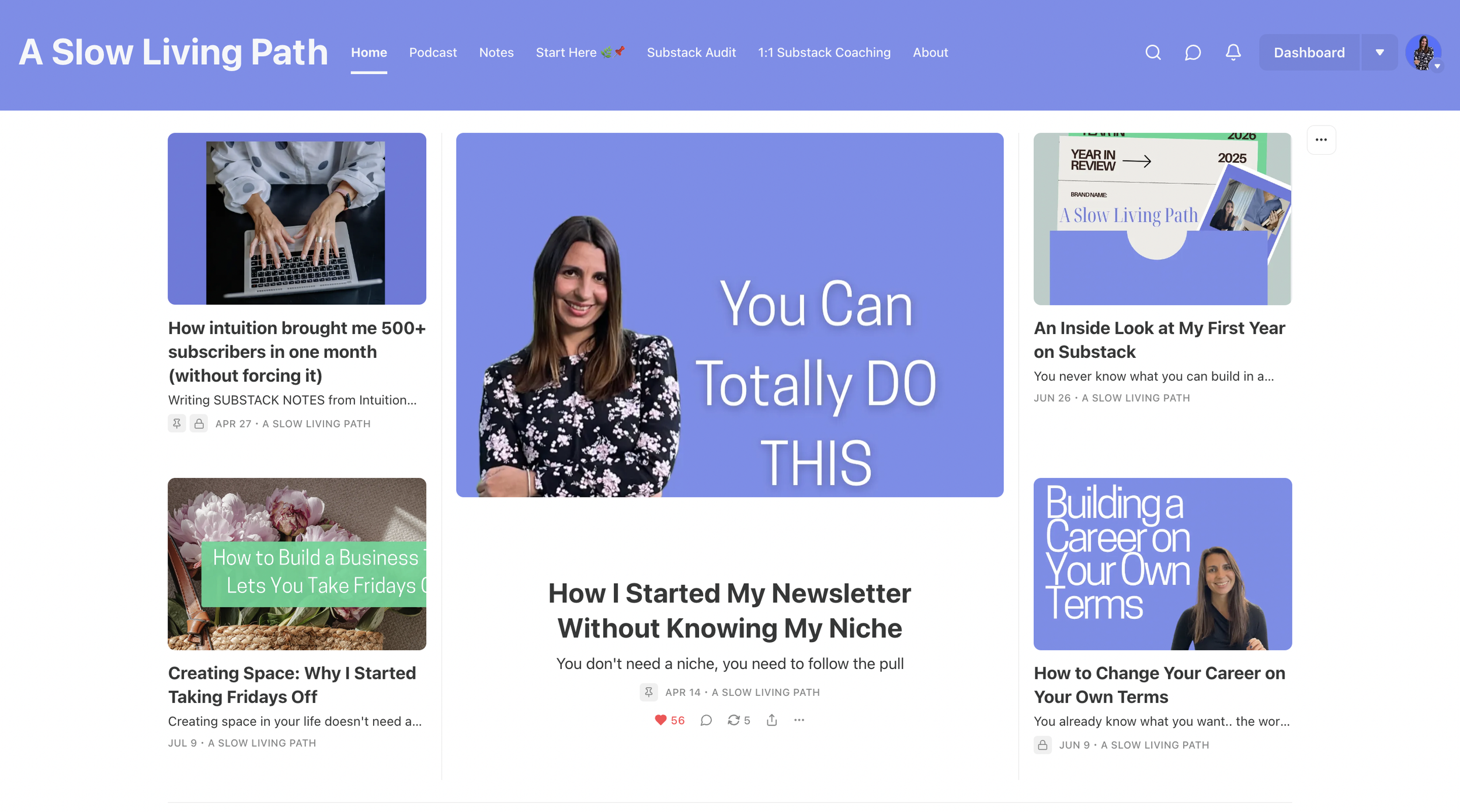 Substack homepage layout for service‑based creators showing sections, pinned post and navigation bar