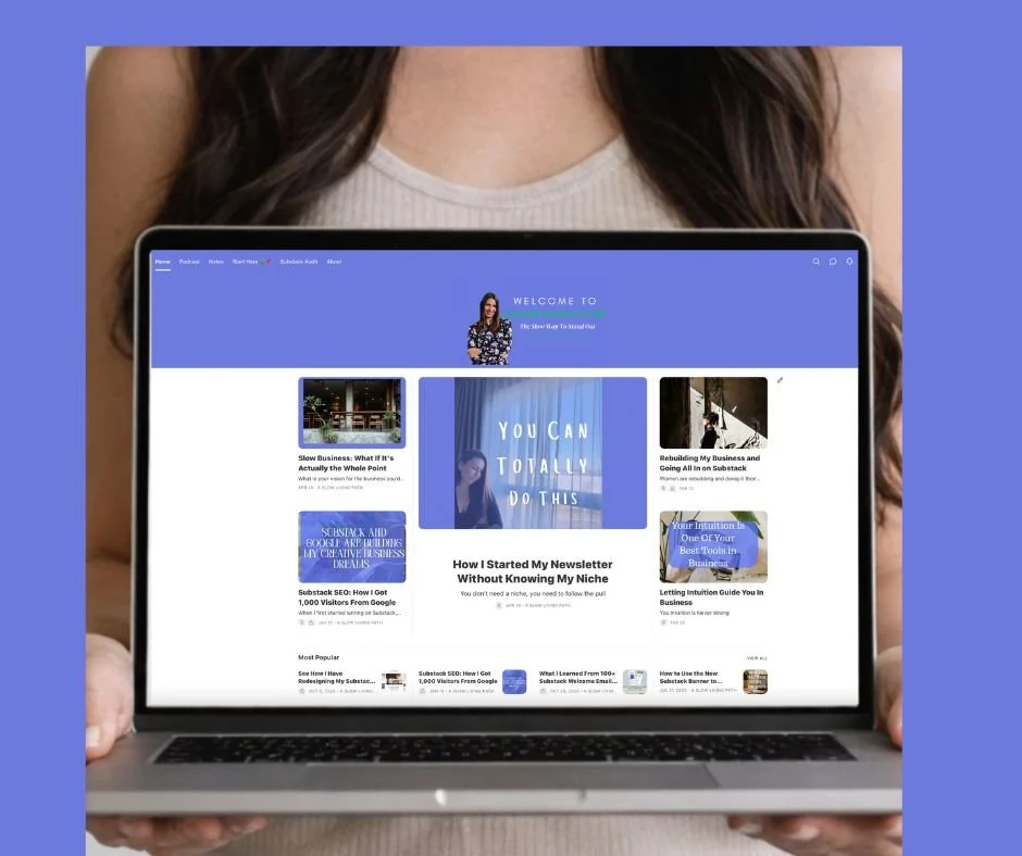 A woman holding a laptop displaying susbtack branded page created by slow living path substack coach and marketer