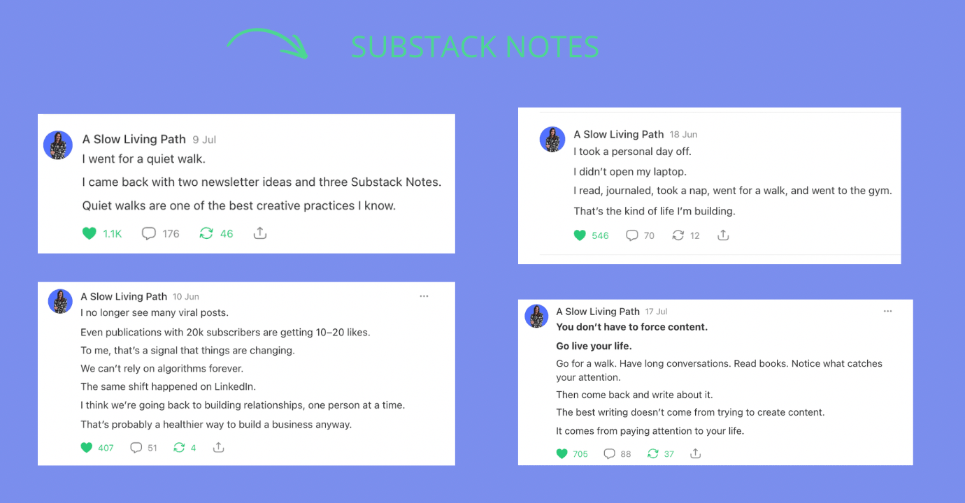 Substack Notes analytics showing high-performing Notes that contributed to organic newsletter subscriber growth.