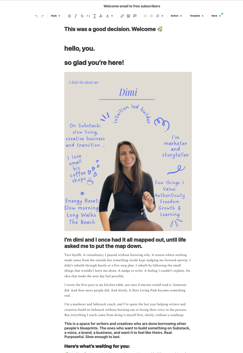 Substack welcome email example for coaches, consultants and creators with clear next step