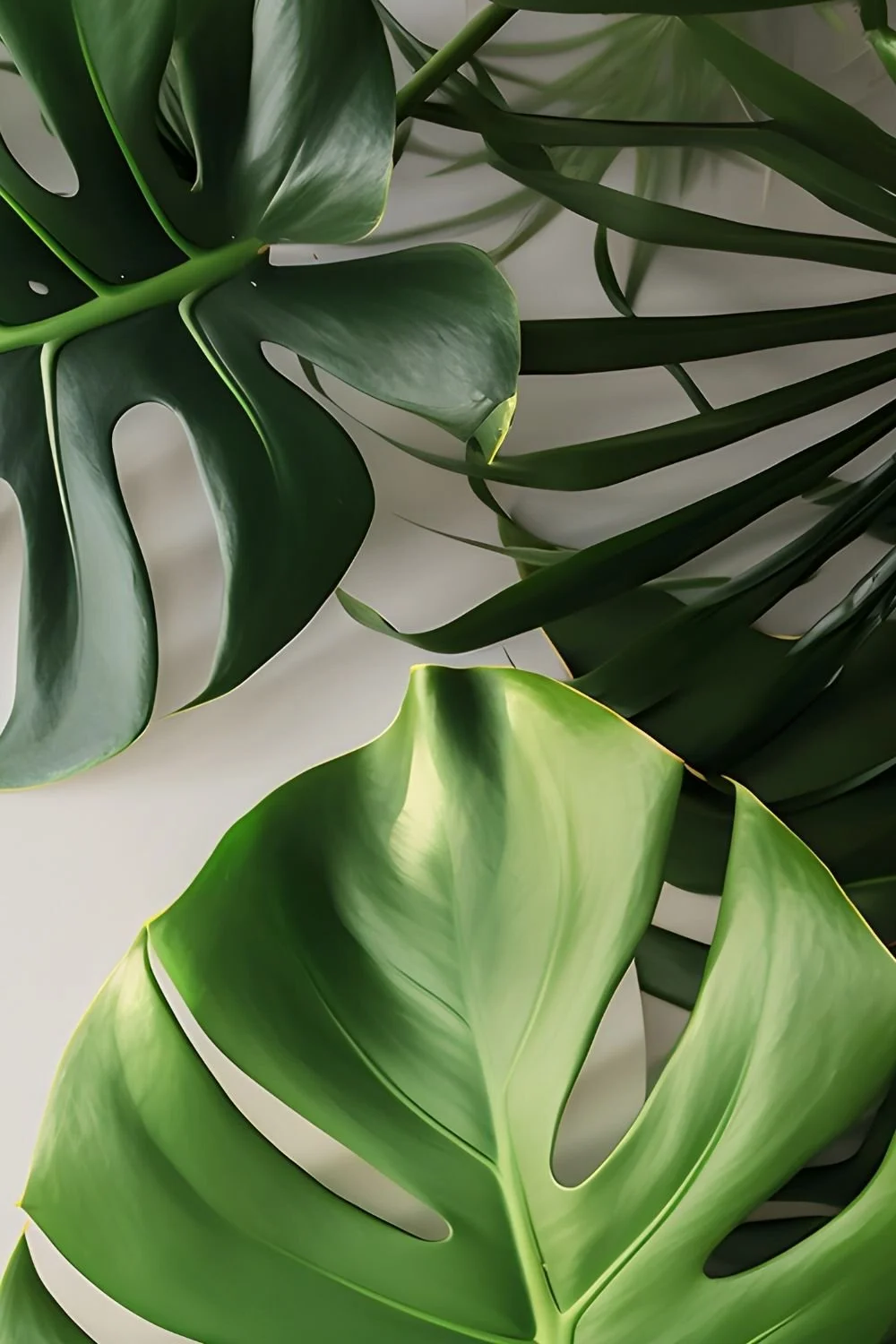 Close-up of overlapping green Monstera and palm leaves with a light-colored background.