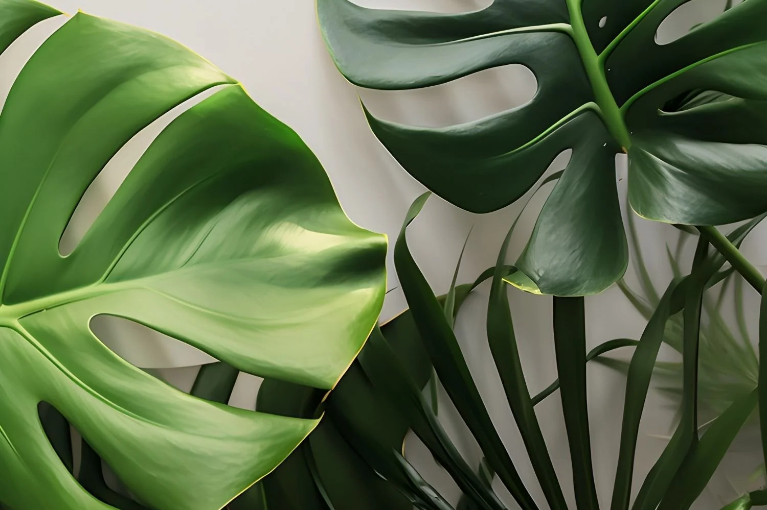 Close-up of large green monstera leaves with a glossy texture and characteristic holes, on a light background.