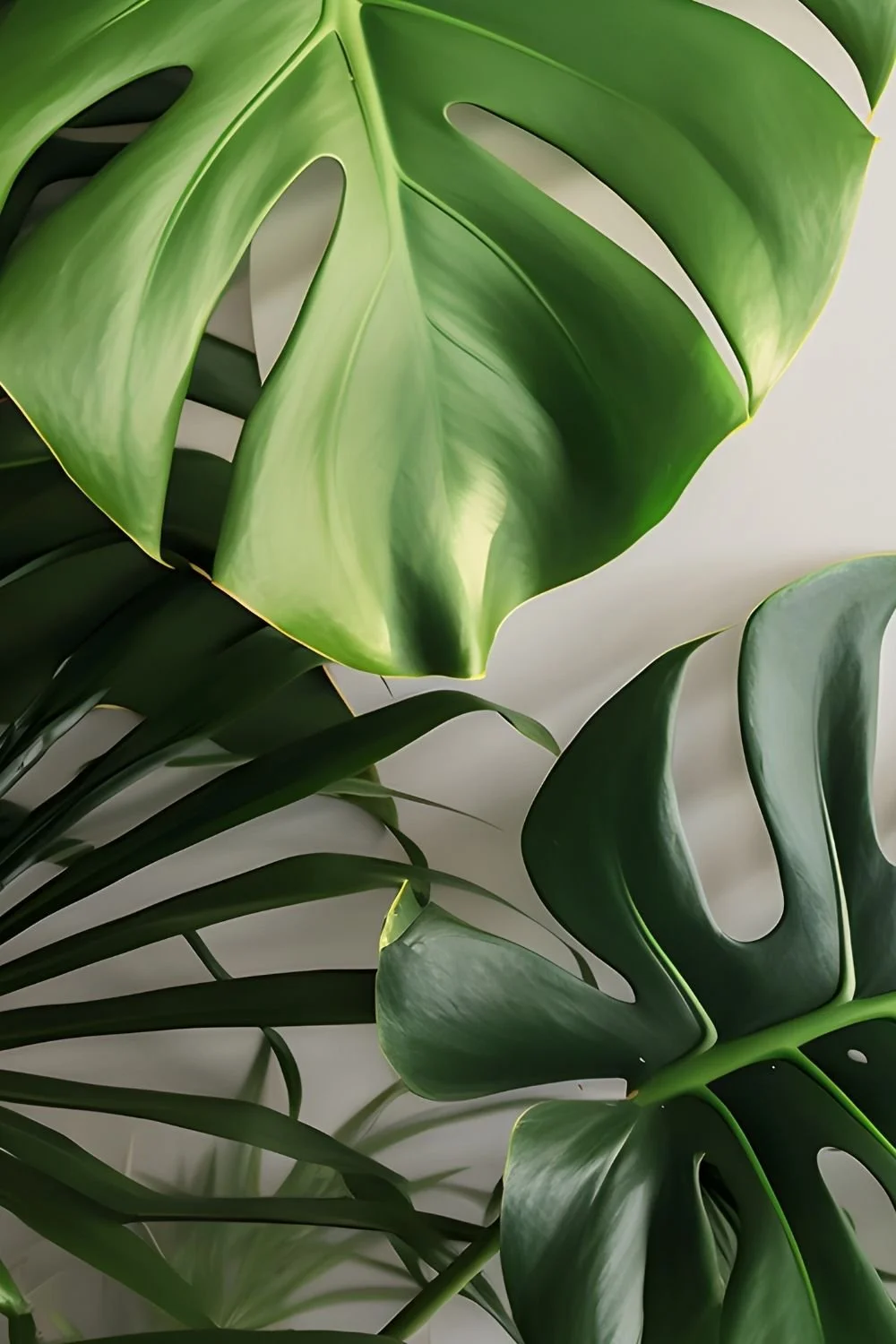 Close-up of large, green monstera leaves with natural light highlighting their glossy texture and distinctive holes.