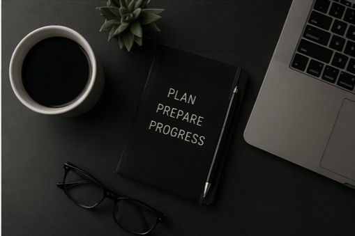 A black notebook with the words 'Plan Prepare Progress' on the cover, a pen resting on it, a pair of black eyeglasses, a cup of black coffee, a small leafy succulent plant, and a laptop on a dark surface.