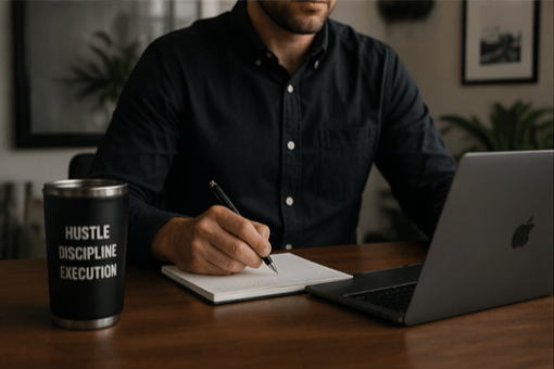 Person wearing a black shirt working on a laptop and taking notes at a desk.