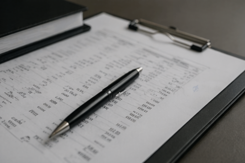 Close-up of a printed financial statement or ledger with a black pen placed on top, on a dark desk surface.