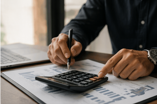 Person using a calculator and writing on financial documents at a desk