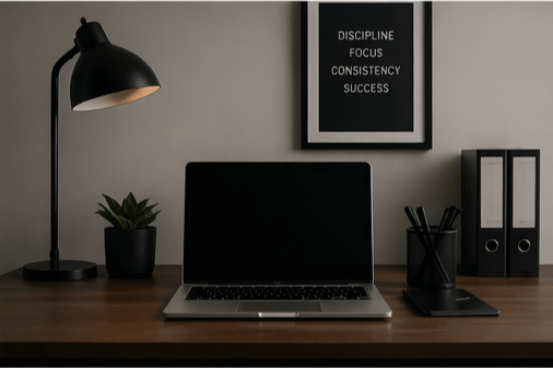 Modern workspace with desk lamp, potted plant, laptop, pen holder, and file organizers, with motivational quote in black frame.