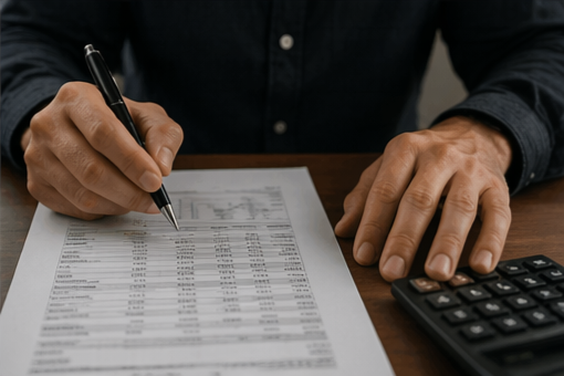 Person reviewing a financial spreadsheet with a pen, a calculator on the desk.