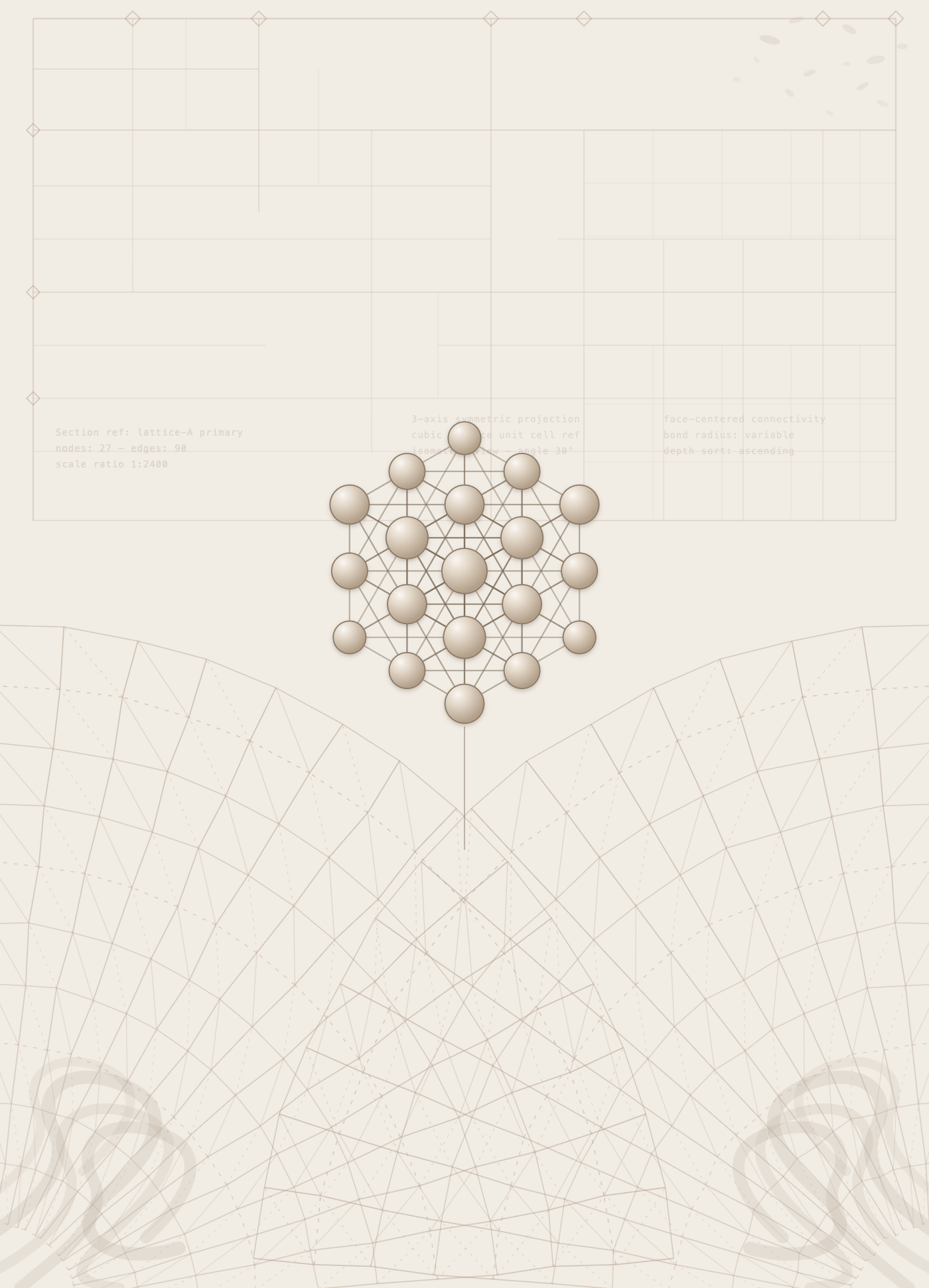 A digital illustration of a geometric pattern with interconnected circles and lines, resembling a honeycomb structure or molecular diagram, set against a light background with faint technical grid lines and abstract shapes.