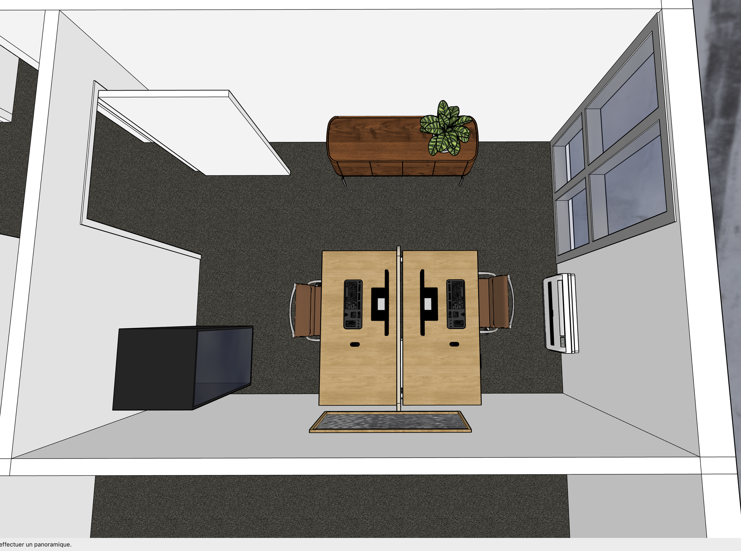 Une vue aérienne d'un espace de travail ou salle de réunion avec deux tables en bois clair, deux chaises, un meuble en bois avec une plante verte dessus, un écran noir, une fenêtre large et une porte d'entrée.