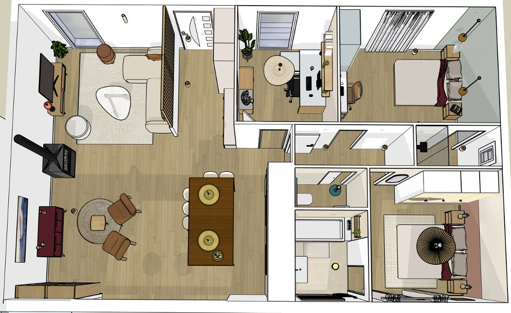 Plans d'intérieur avec le nouvel aménagement et l'intégration de la proposition d'aménagement