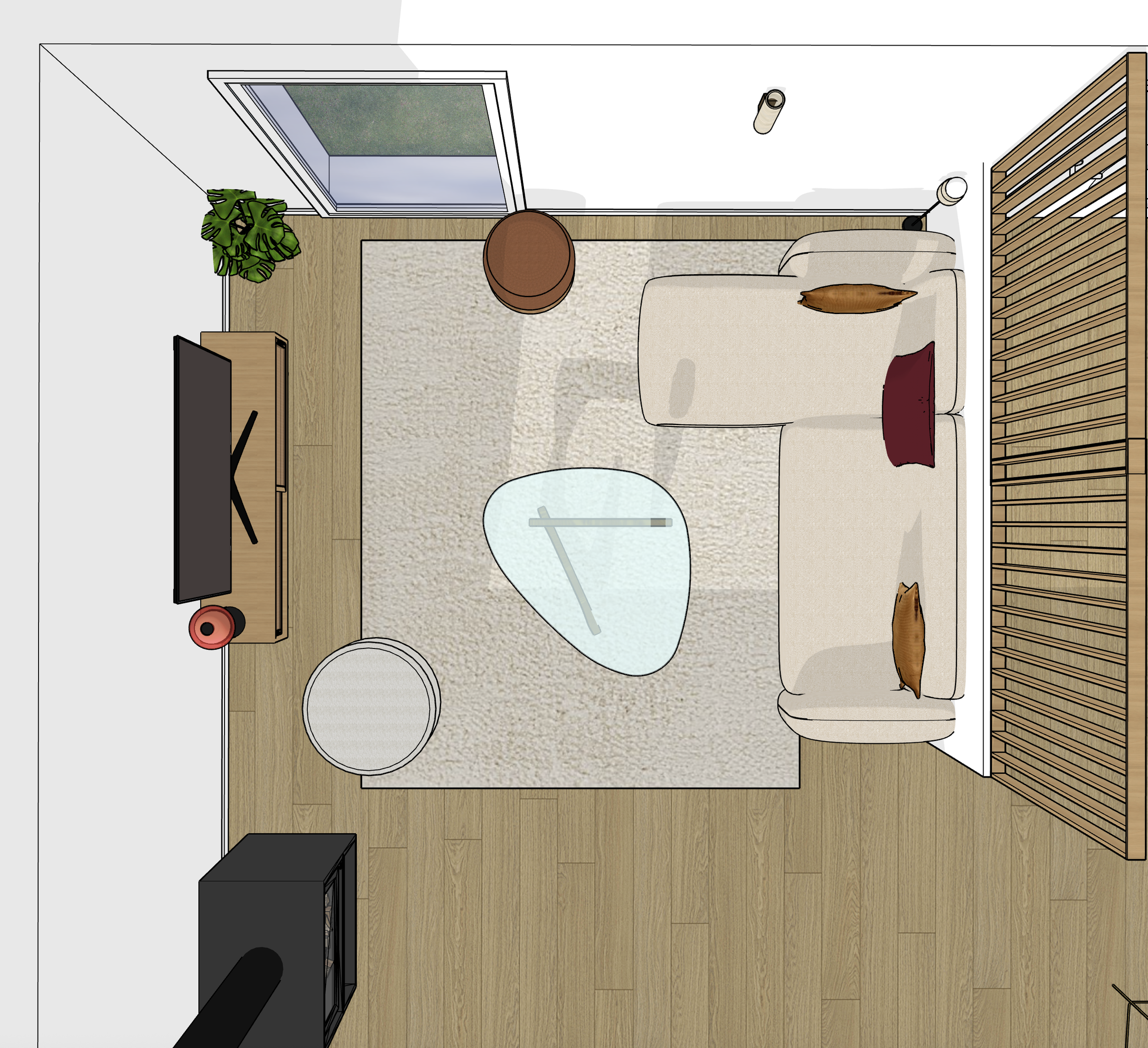 Vue de haut d'un salon avec un canapé beige, deux tapis, une table basse en verre, une plante verte, un téléviseur sur un meuble en bois et une porte-fenêtre donnant à l'extérieur.