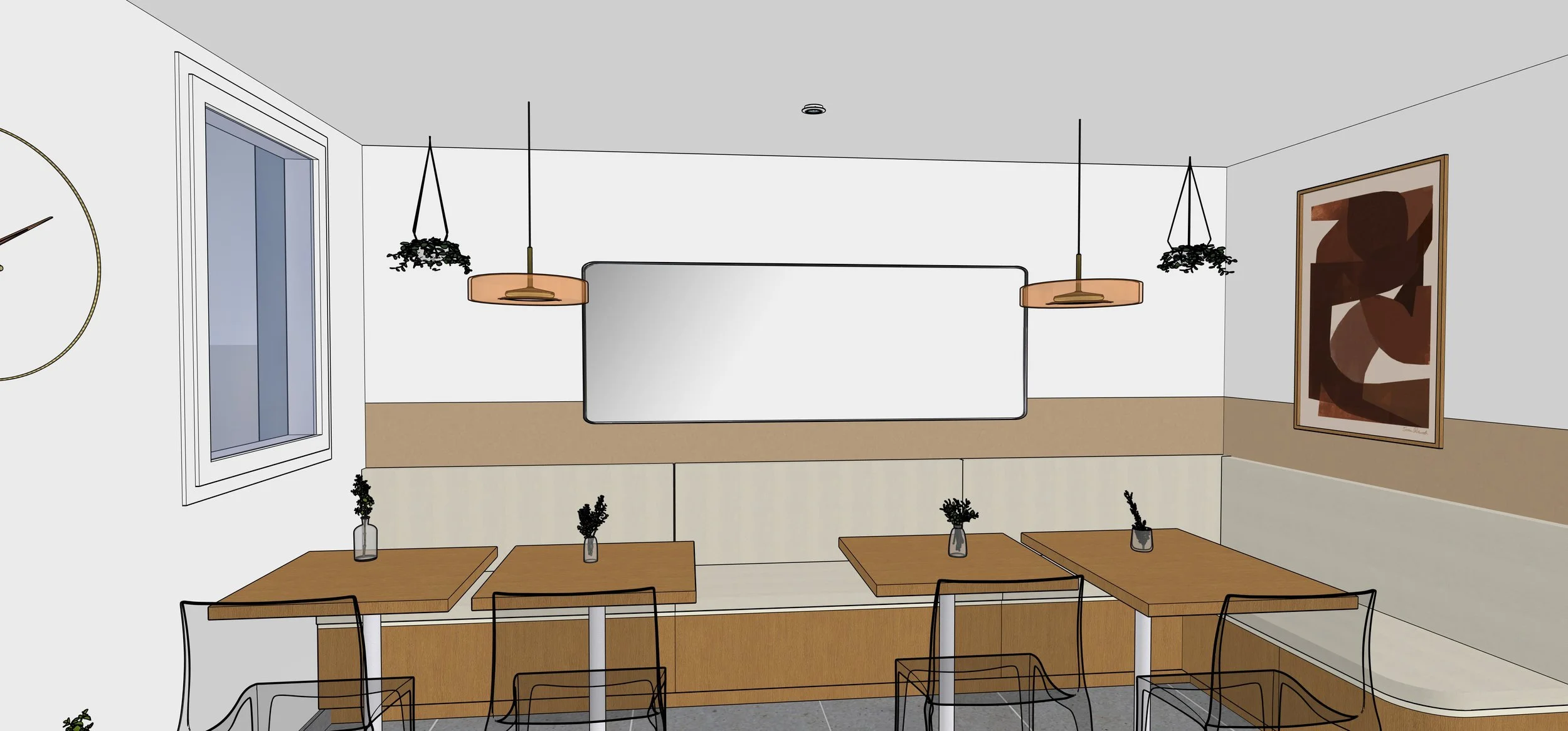 Une illustration intérieure d'une salle à manger avec des tables en bois, des chaises en fil métallique, et des décorations simples comme des vases avec des plantes, un tableau abstrait au mur, des lampes suspendues et une fenêtre.
