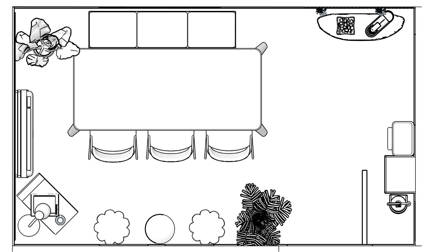 Plan d'une pièce avec un grand tableau, trois chaises en dessous, un canapé, une table avec une plante, un ordinateur portable, une lampe, une bibliothèque, une télévision, des plantes et des décorations.
