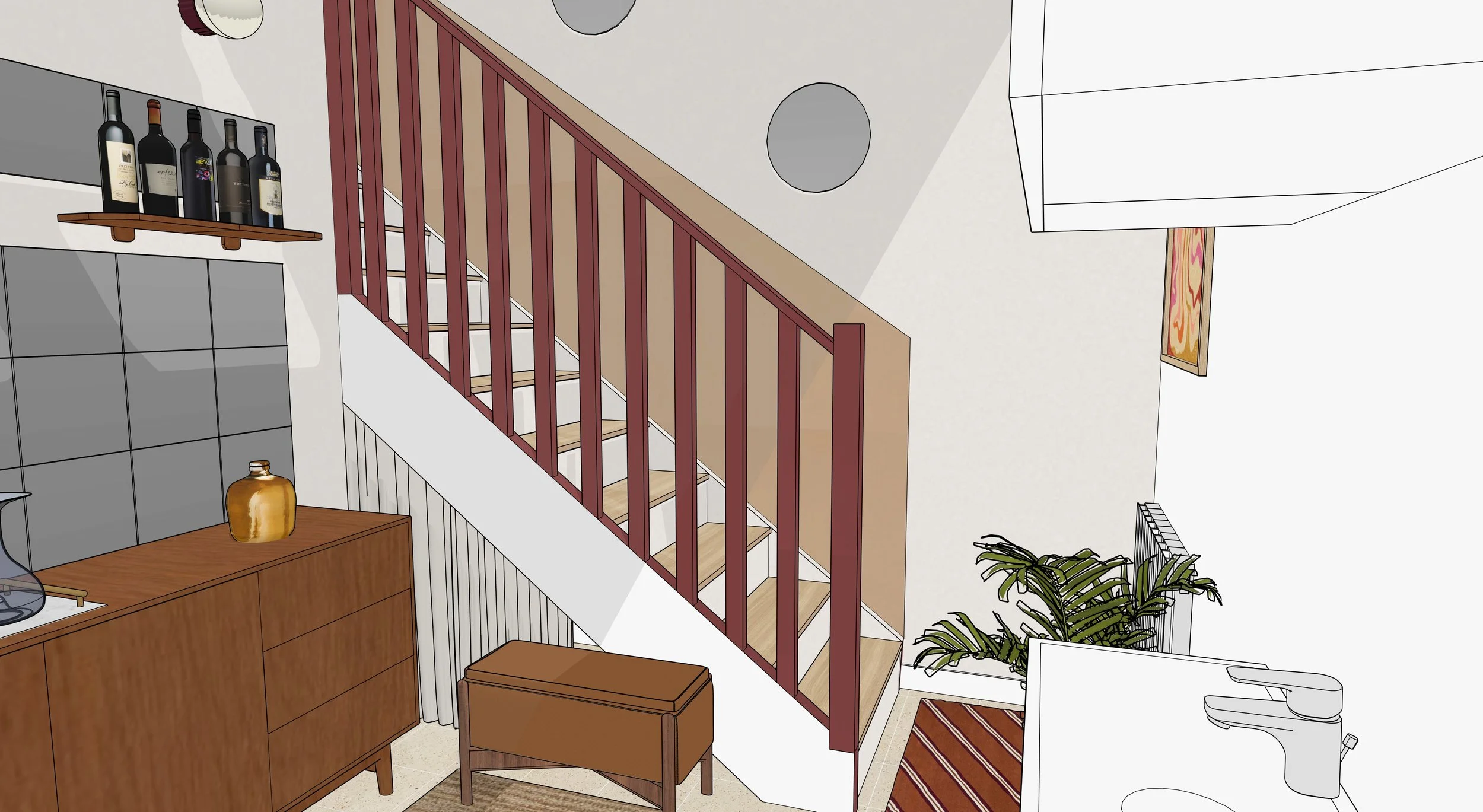 Vue intérieure d'un coin de maison montrant un escalier en bois avec une rampe en bois rouge, des plantes vertes, un meuble en bois avec une jarre en poterie, et une rangée de bouteilles de vin sur une étagère. Il y a aussi une pièce avec un tapis rayé à motifs rouge et beige.