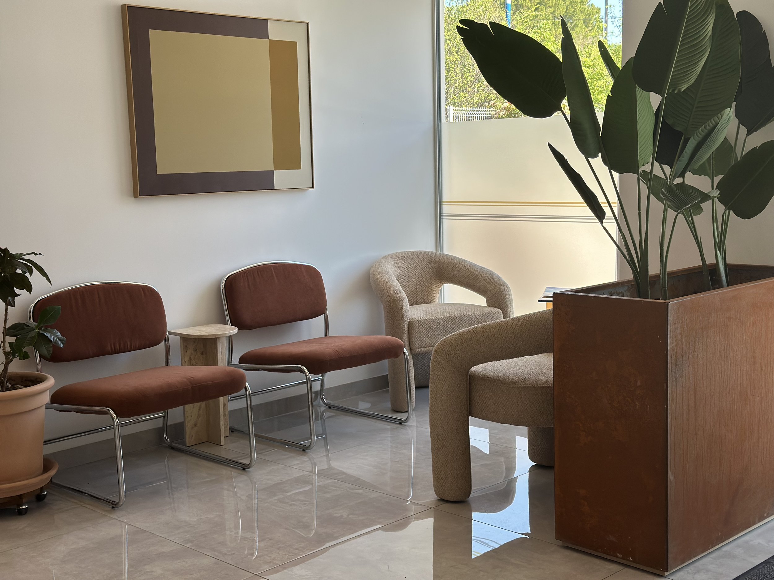 Salle d'attente avec plusieurs chaises et un grand plant vert près de la fenêtre. Il y a un tableau abstrait au mur.