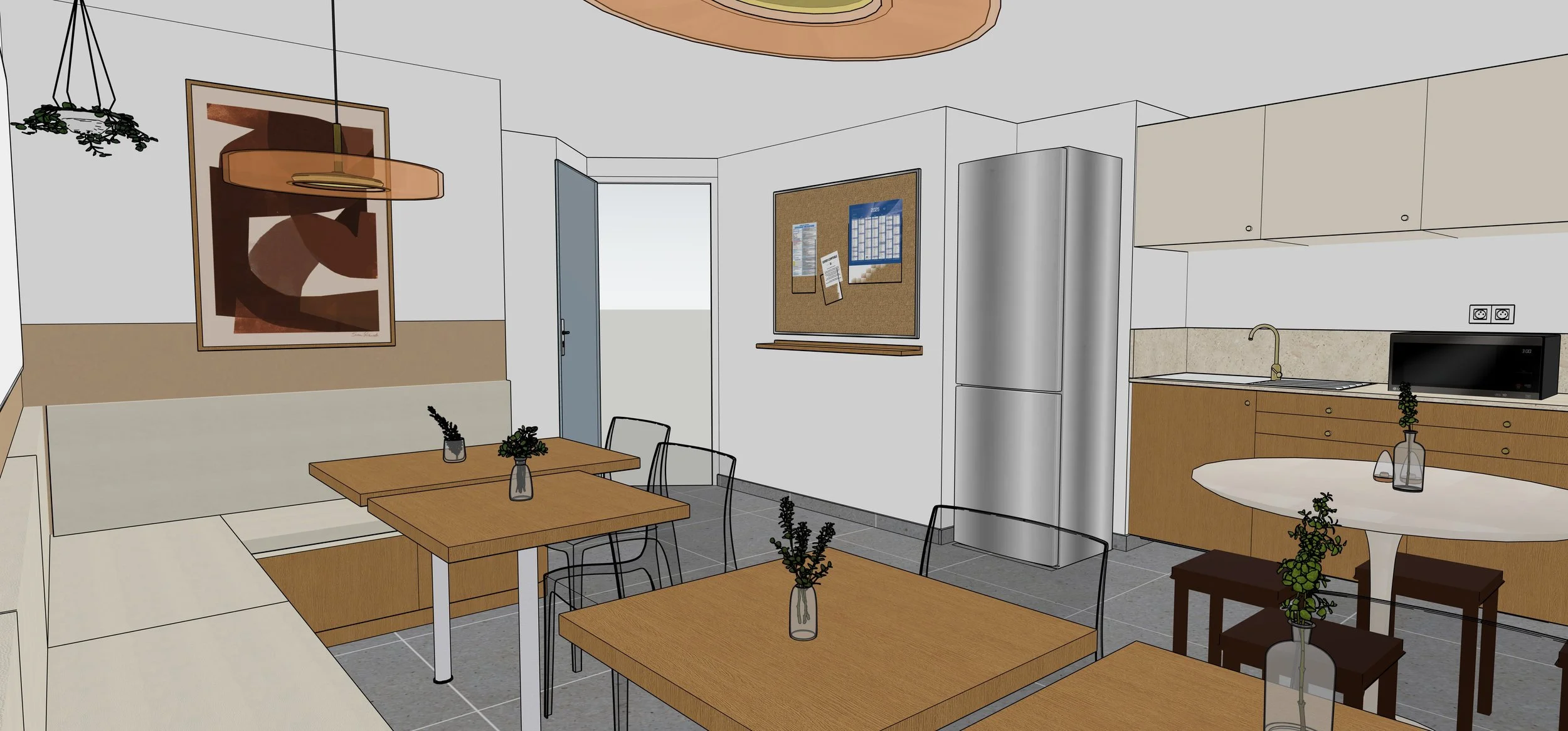 Rendu 3D aménagement salle de repas