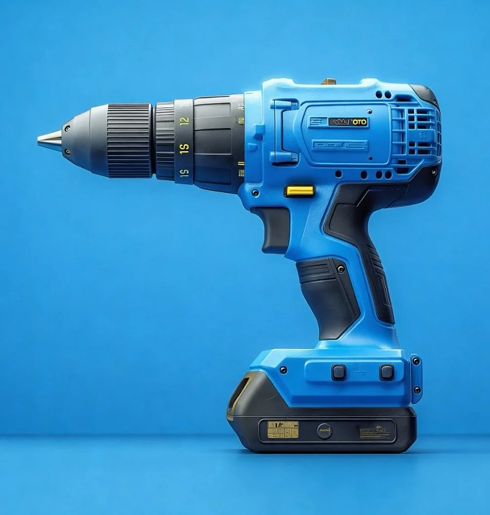 A blue cordless power drill with a black handle and a yellow trigger, set against a blue background.