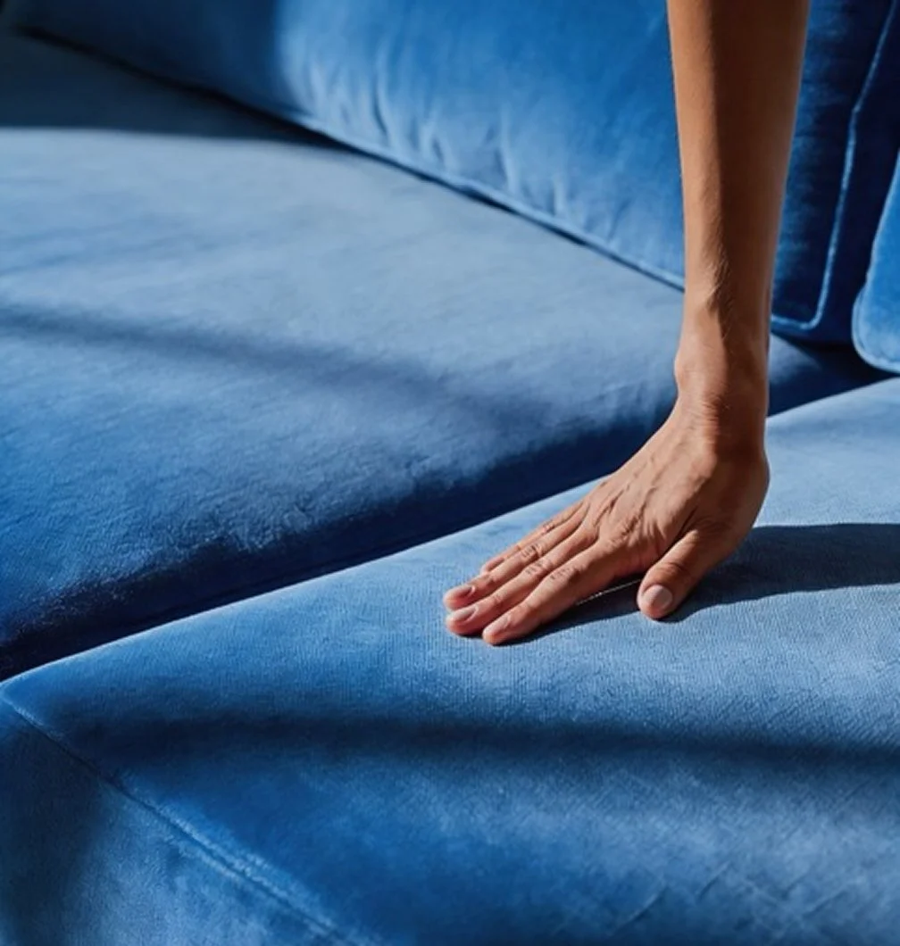 Close-up of a person with a hand pressing down on a blue velvet couch armrest or cushion.