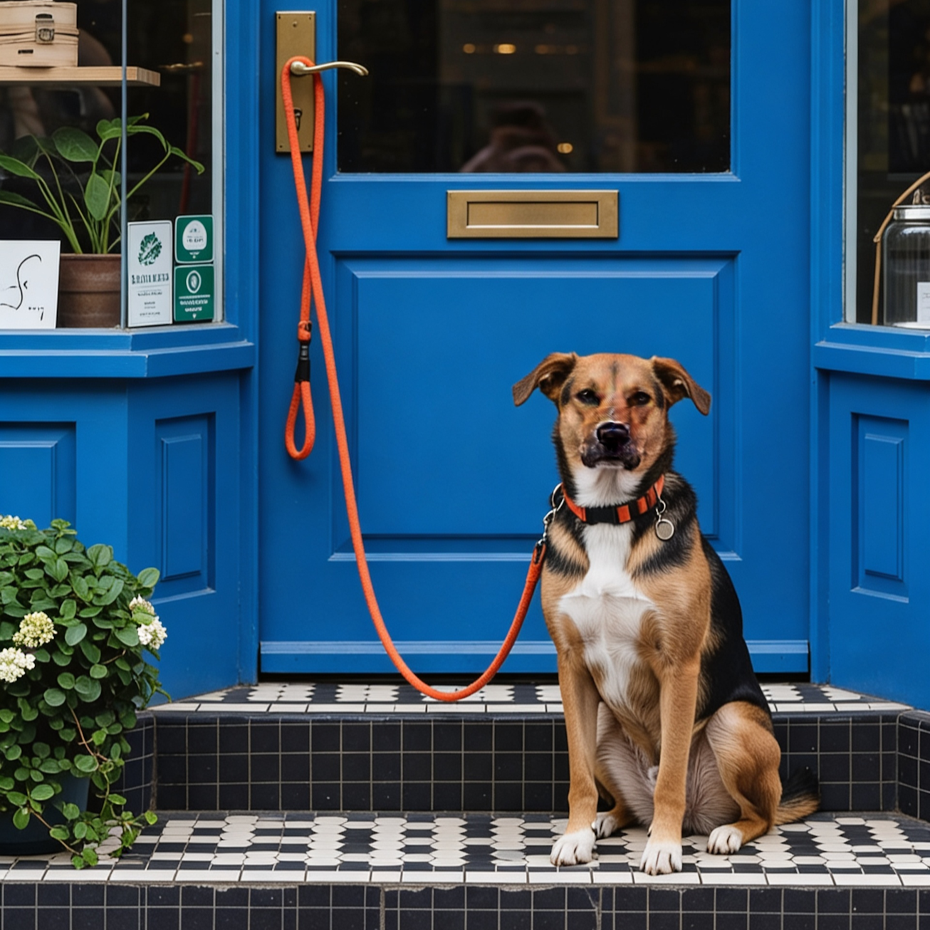 A dog sitting on black-and-white tile steps outside a vibrant blue storefront door. The dog wears an orange collar and leash, and there is a green potted plant and some stickers on the window next to the door.