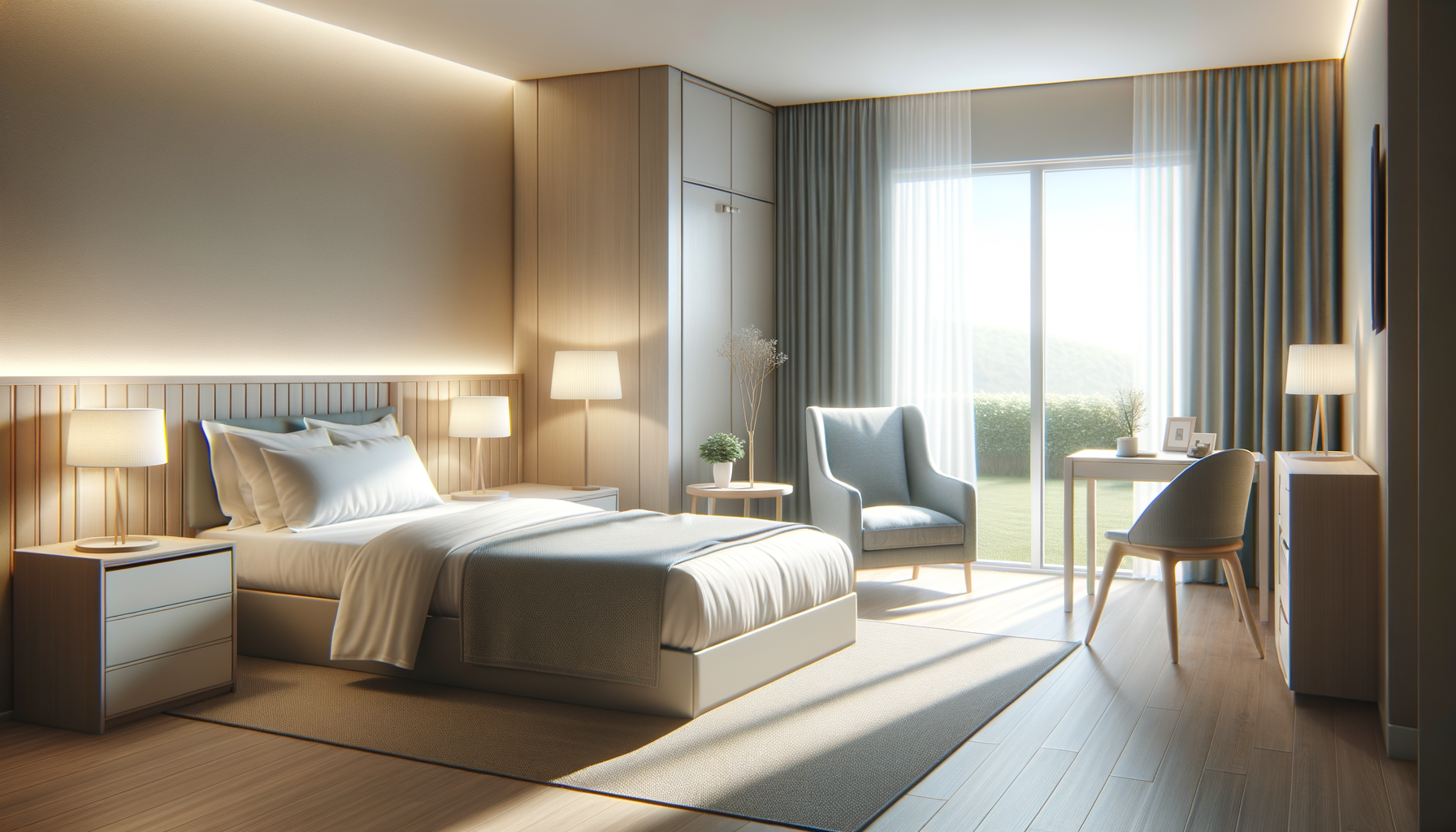 A modern, well-lit bedroom with a large bed, bedside lamps, a sitting area with a chair and small table, and large sliding glass doors leading to a garden outdoor space.