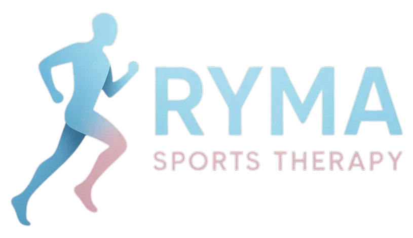 A stylized silhouette of a running person with a gradient blue and purple color. The text reads "RYMA SPORTS THERAPY".