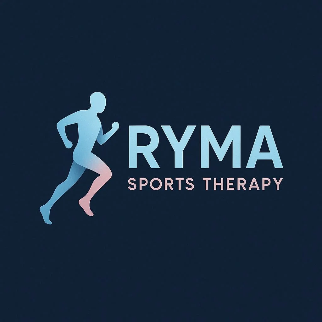 Logo for RYMA Sports Therapy featuring a stylized blue and pink runner silhouette.