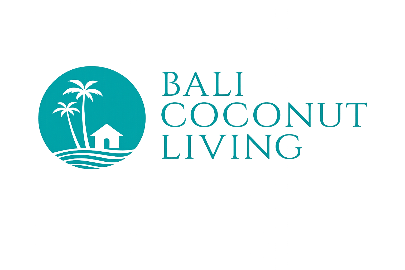 Logo for Bali Coconut Living featuring a circular design with two palm trees, a small hut, and wavy lines representing water, with the text 'Bali Coconut Living' to the right of the graphic.