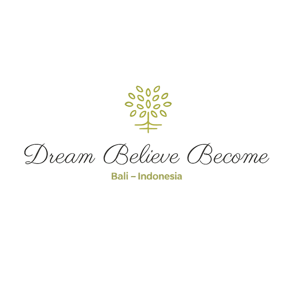 Slogan 'Dream Believe Become' with a green tree icon and the text 'Bali - Indonesia' on a light gray background.