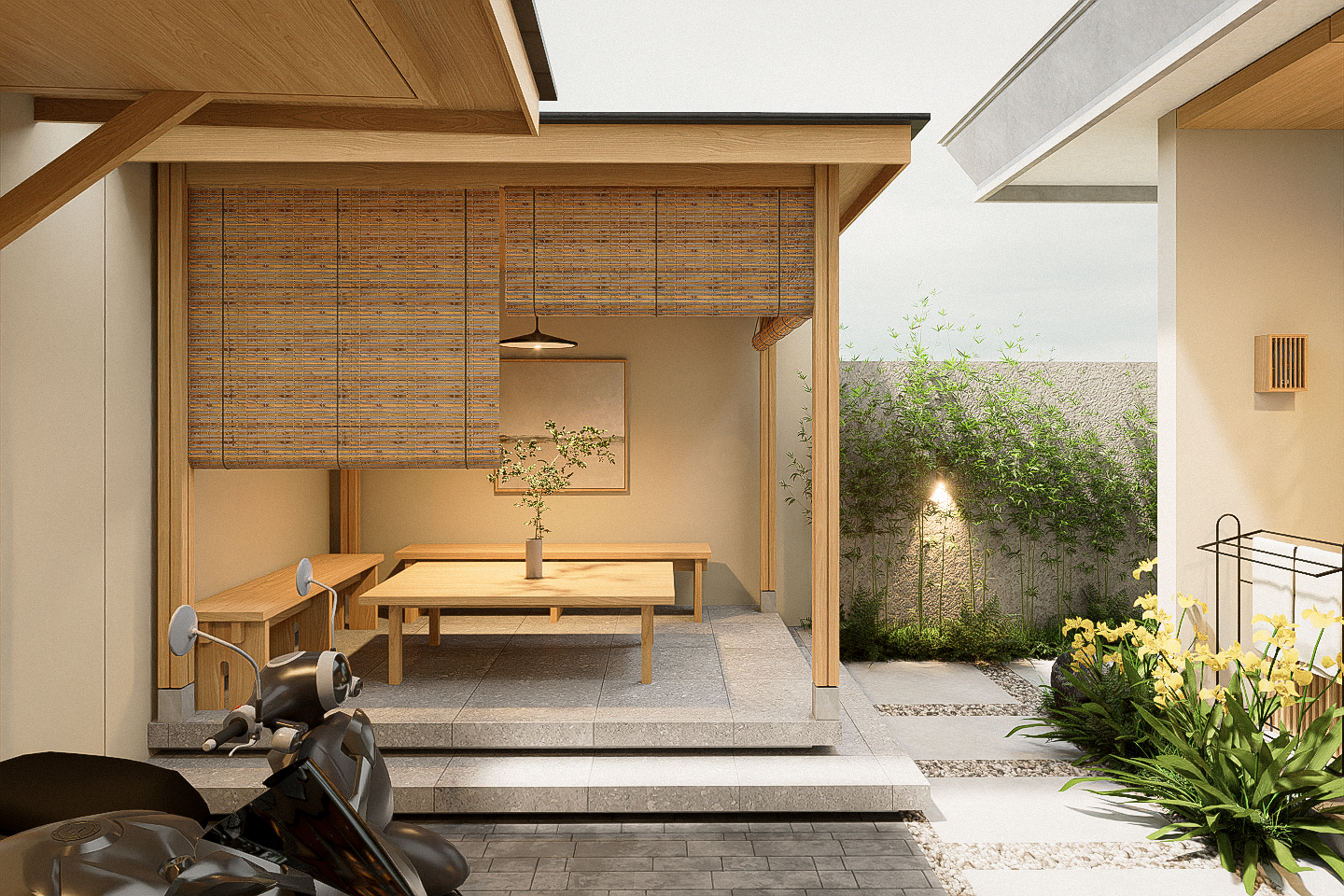 A modern outdoor patio with a wooden deck, a low table with a small plant, bamboo shades, and a garden with plants and stone pathway.