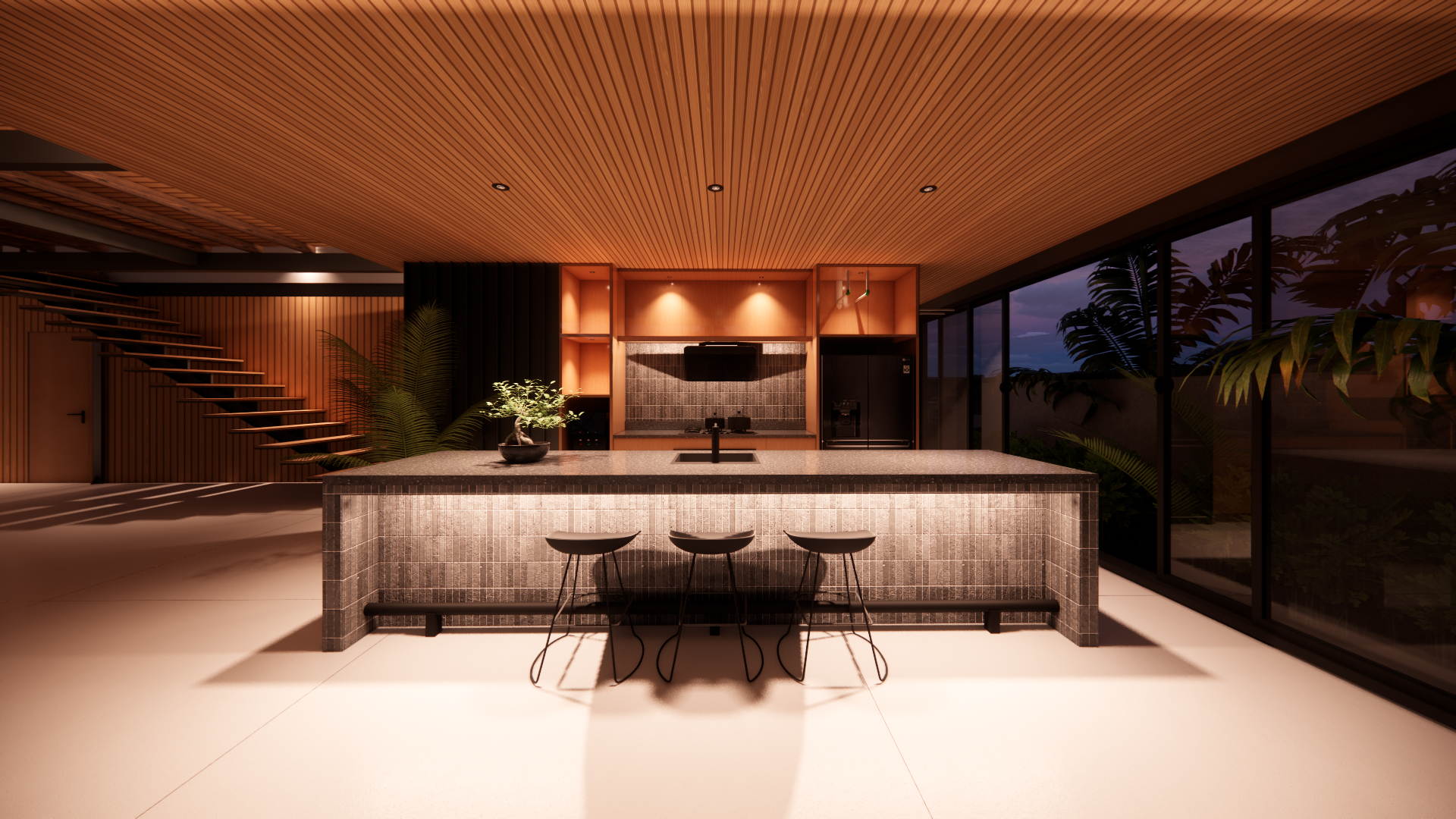 Modern kitchen with island, black stools, wooden cabinetry, black backsplash, pink ceiling, and large glass sliding doors with plants outside.