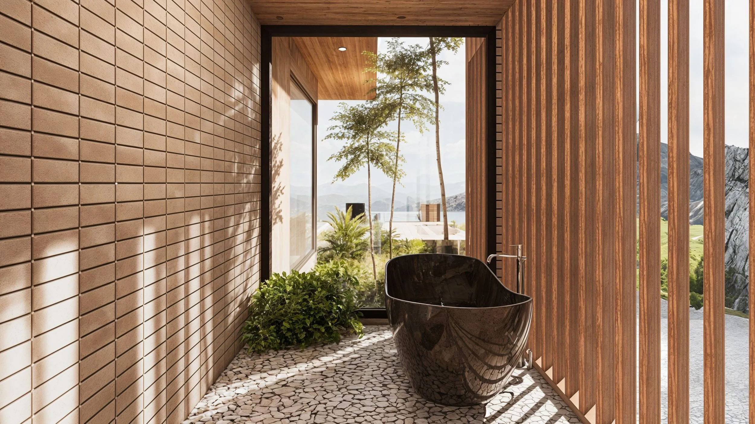 Modern bathroom with a black bathtub, wood slat wall, and glass window overlooking mountains and trees, with natural sunlight and greenery inside.