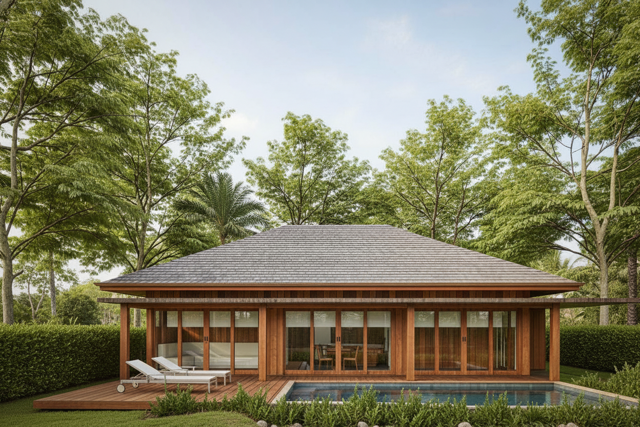 Modern wooden house with large glass sliding doors, a small swimming pool, and lounge chairs on a wooden deck surrounded by lush green trees and bushes.