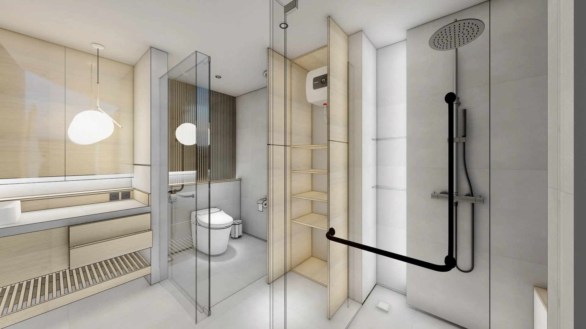 Modern bathroom with walk-in shower, toilet, wooden shelving, and vanity with a lamp